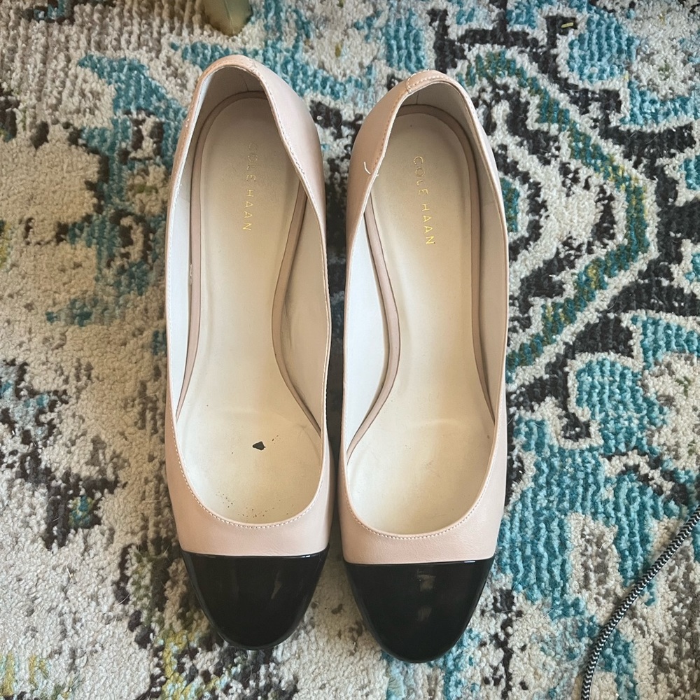 Cole Haan heels, nude and black toe